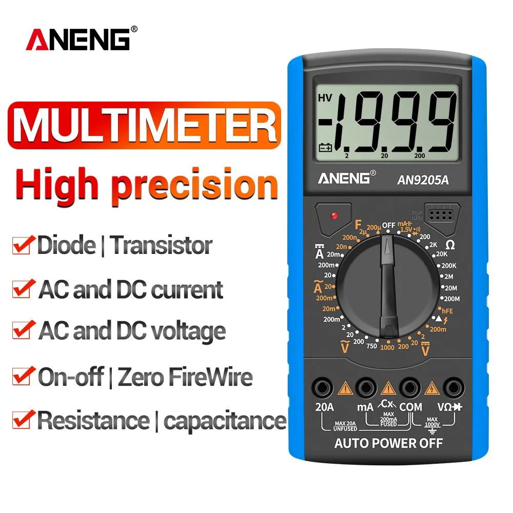 

ANENG Multimeter AN9205A 1999 Counts LCD Display Automotive Digital Resistance Tester Portable AC/DC Voltmeter Detector