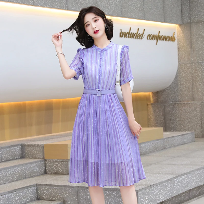 Femmes Midi Plissée Rayée Chemise Violette Robe D'été 2021 Piste Coréen Élégant Fée Décontracté Mer Plage Vacances Fête Vestidos