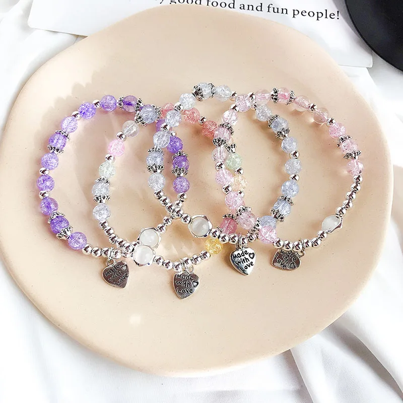 

2021 Korean Fresh Pop Flower Beaded Bracelet for women Pink Crystal Leaf Pendant Stretchable Crystal Bracelet Love Letter gift