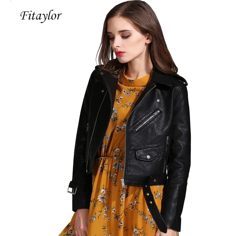 Fitaylor для женщин Куртки из искусственной кожи леди PU курточка бомбер мотоциклетная верхняя одежда тонкий короткий Панк пальто с поясом