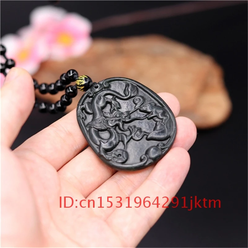 

Men Accessories Charm Necklace Jade Carved for Obsidian Black Chinese Natural Gifts Green Dragon Pendant Jewelry Amulet