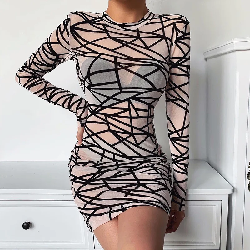 

Kliou women turtleneck dress sexy mesh material print slim skinny dresses autumn new long sleeve female fashion skinny outfits