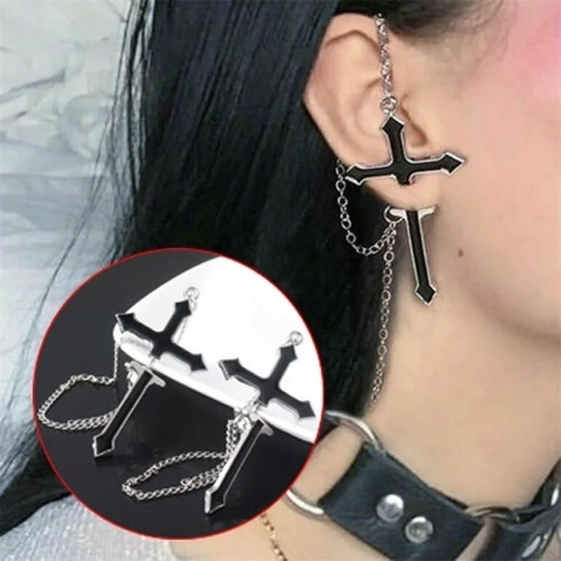 

1 Pair Gothic Chained Cross Statement Earrings For Women Teens Girls Cool Punk Stud Earrings Party Fashion Jewelry Gifts