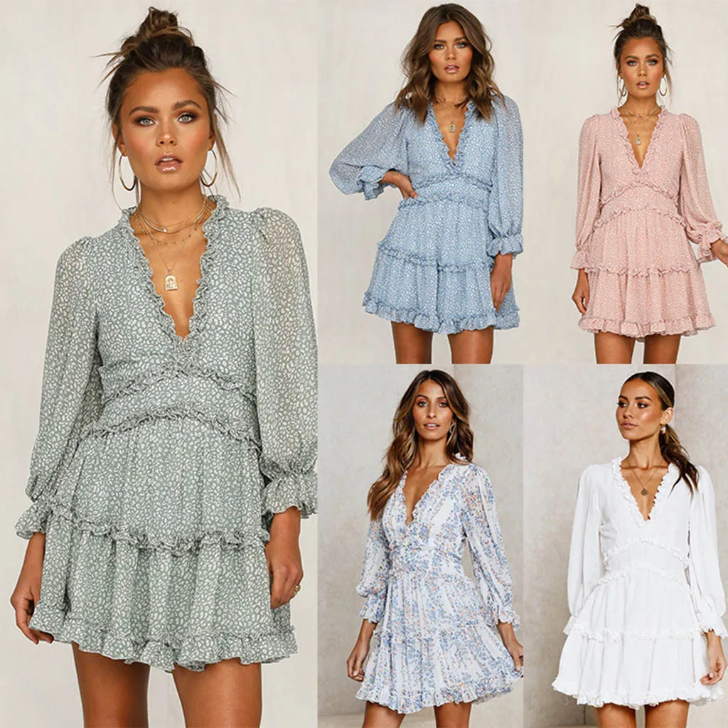 Сексуальное женское осенне-зимнее платье Chiffion Ruffles с длинным рукавом глубокий v-образный вырез вечерние облегающие тонкие одноцветные мини-платья Vestidos# g3