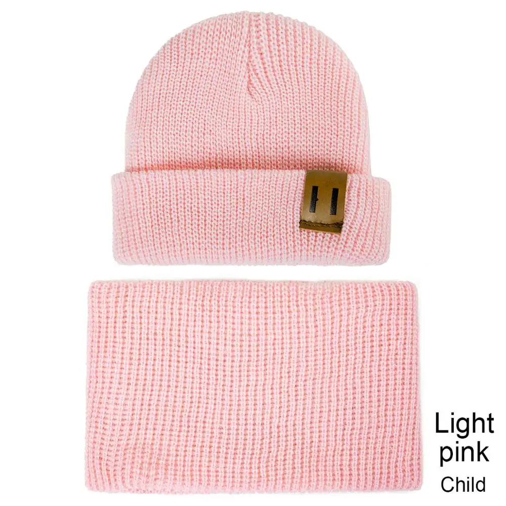 light pink Child Модная женская шапка и шарф для детей, вязаная зимняя шапка, шарф для детей, колпачок, девочка-мальчик, одноцветные шапки с логотипом - Цвет: light pink Child