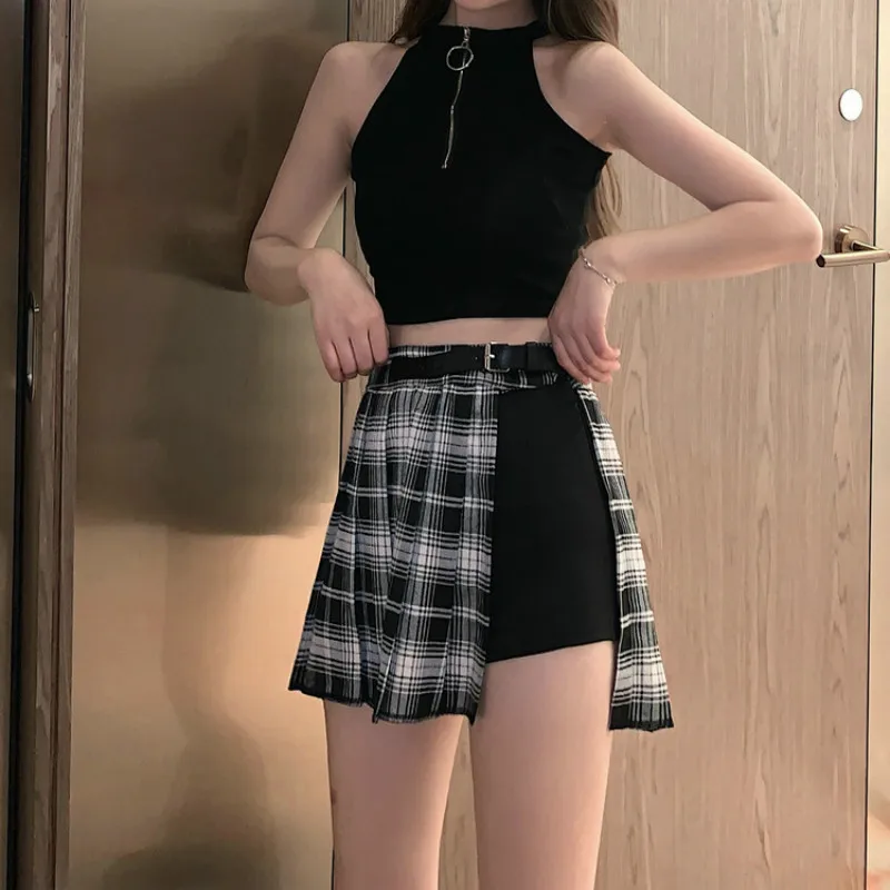 

2021 Spring Summer Indie Street Beach Punk Cool Girl Sexy Mini Skirts Women Gothic High Waist Patchwork Plaid Skirt with Chain