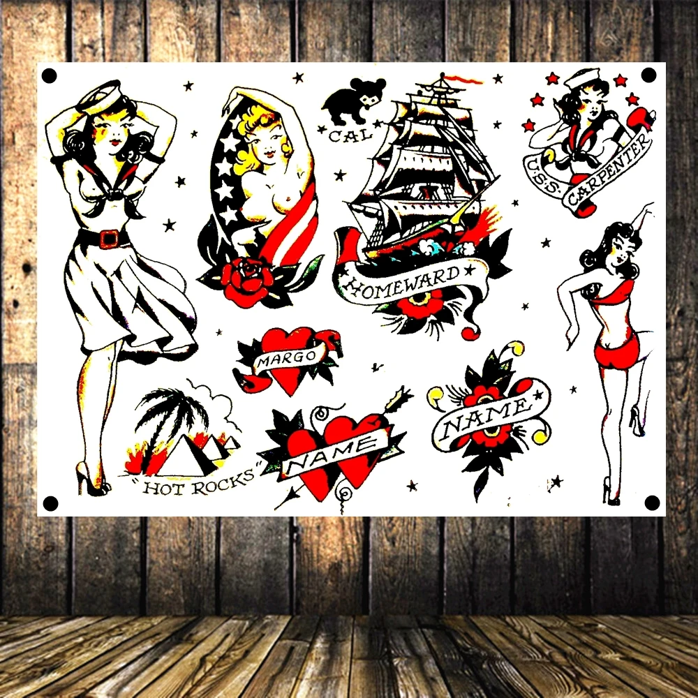 

Классический плакат с рисунком татуировки, высококачественный Печатный художественный холст, белый баннер, флаг с четырьмя отверстиями, фо...