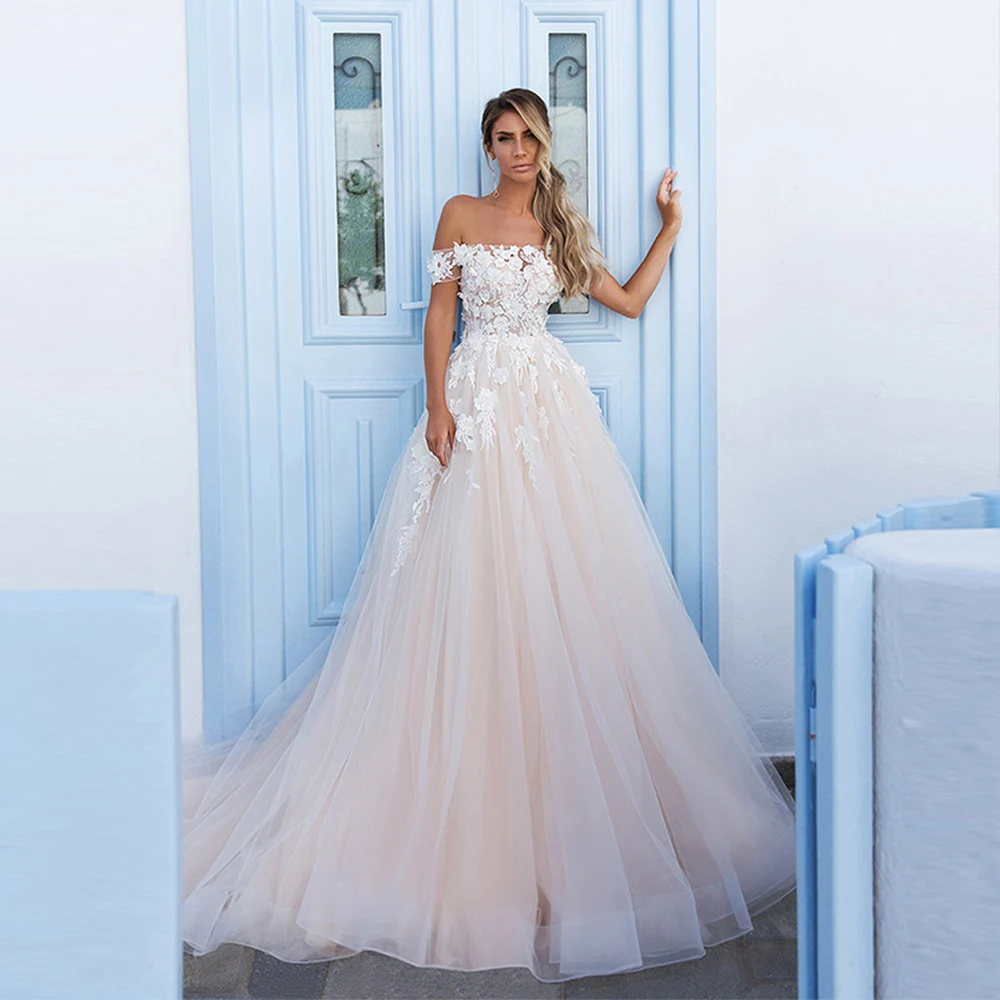 

Elegant Princess Tulle Ball Gown With White Applique Off Shoulder Sweep Train Bridal Gown For Bride Plus Size свадебное платье