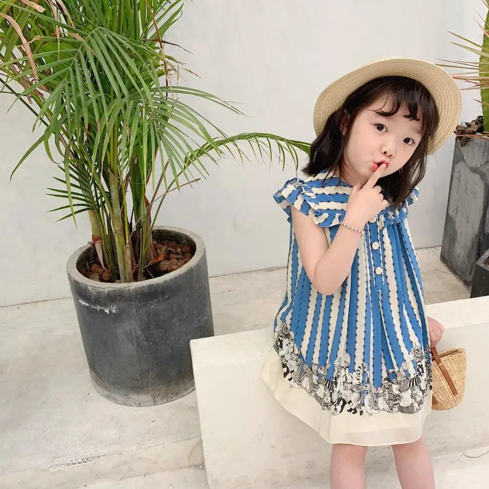 

in stock baby girls clothes baby dress animals pattern blue white striped summer kids dress