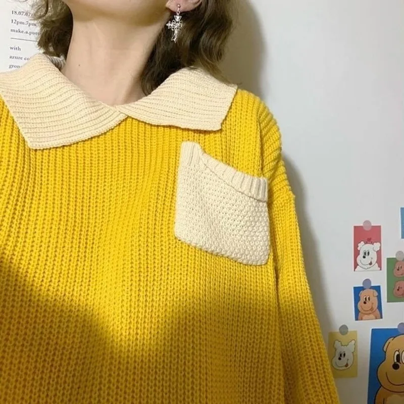 

Pullovers Sweaters Women Turn-down Collar Loose Panelled Preppy-style Sweet Student Knitted Jumper Sweater Lovely Fashion Casual