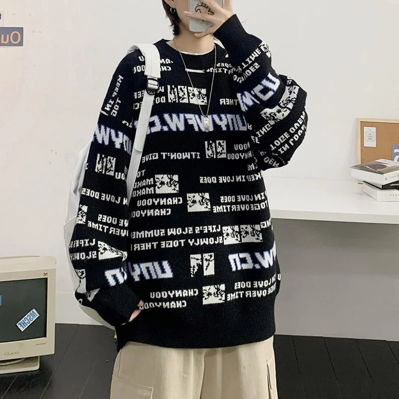 

Wildyak Letter Graphic Men's Sweaters Oversized Harajuku Knitted Pullovers Autumn Casual Male Fashion Knitwear Unisex Sweater