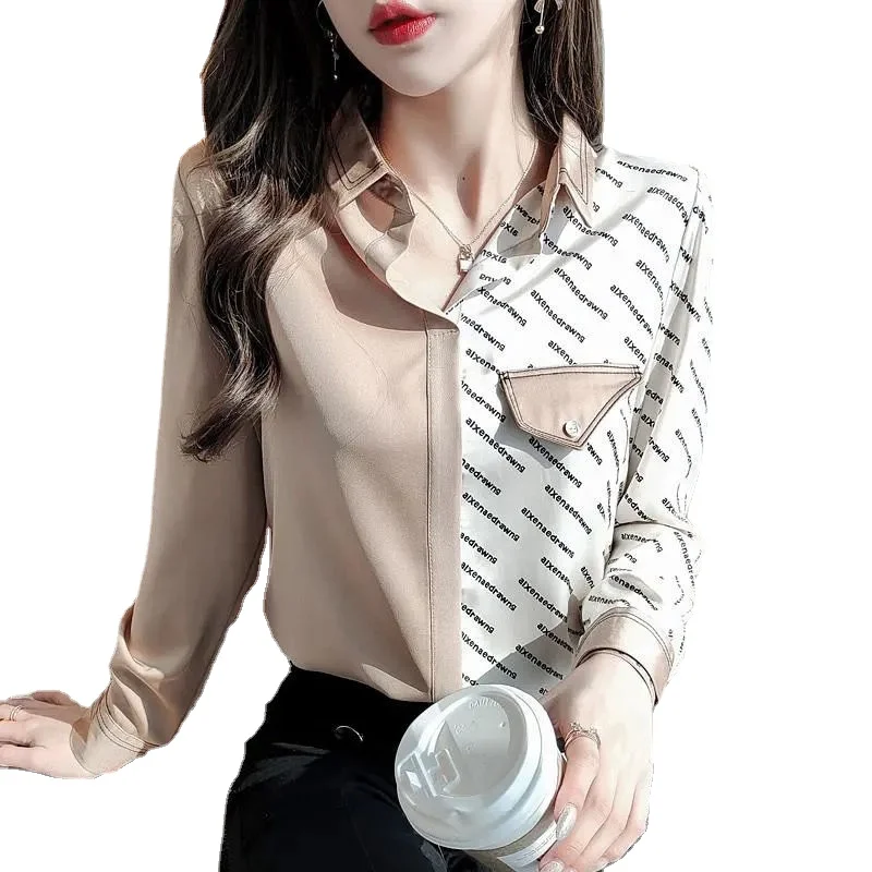 

Satin stitching shirt women's spring and autumn long-sleeved 2021 new chiffon shirt design sense niche wrinkle shirt