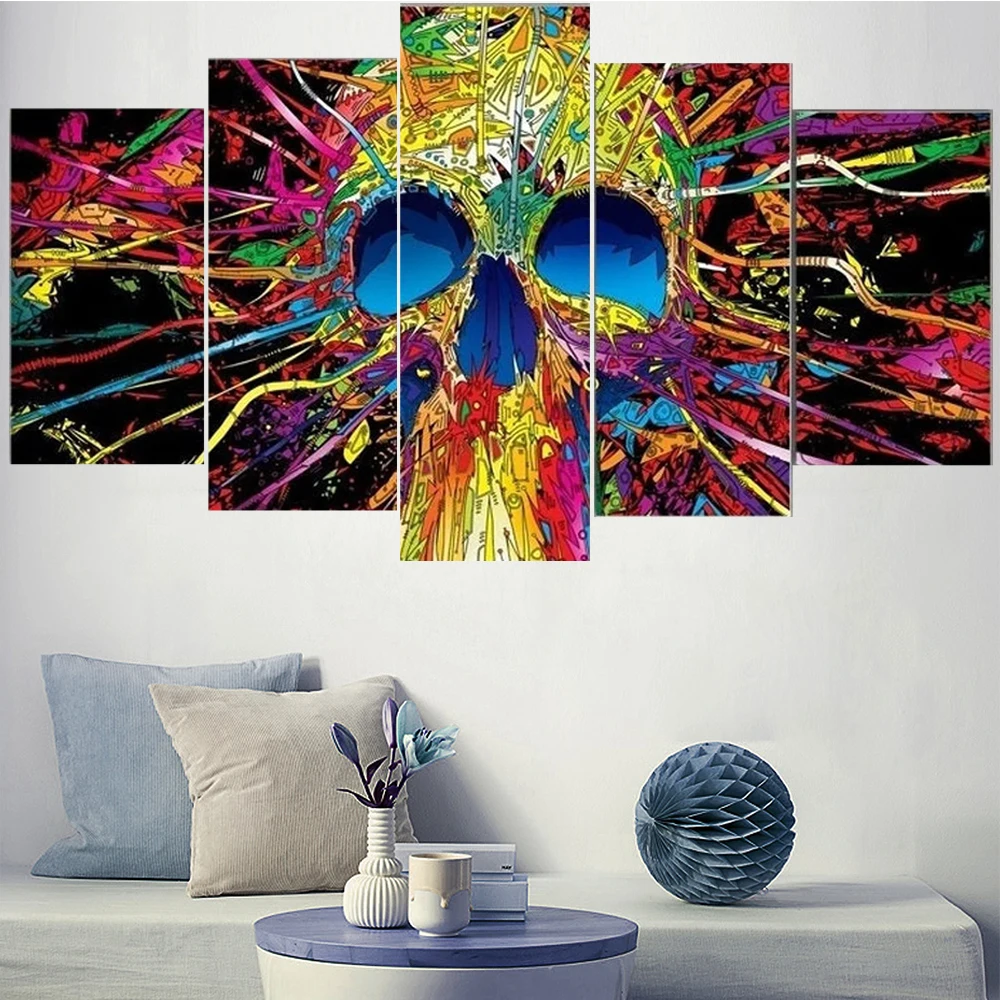 

5 Pieces Wall Art Canvas Painting Psychedelic Skull Abstract Poster Modular Decoration Home Modern Living Room Framework Picture