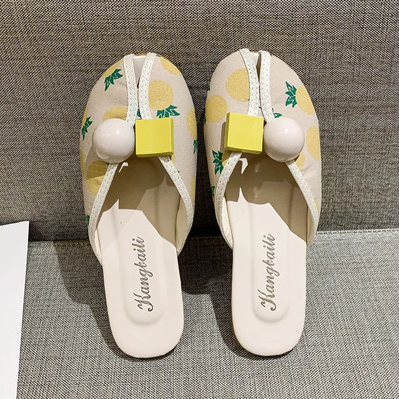 Women Mules Closed Toe Cloth Shoes Round Toe Backless Casual Flat Slippers Comfortable Slip on Print Color Summer Beach