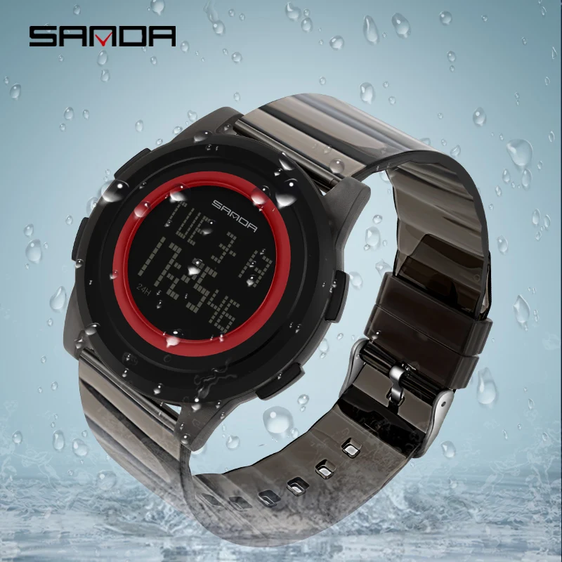 

Часы наручные SANDA мужские электронные прозрачные, брендовые модные цифровые водонепроницаемые с большим циферблатом, из ТПУ, 2100