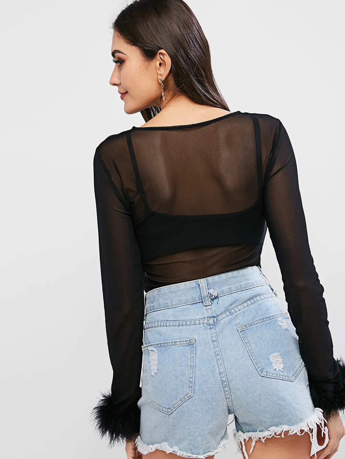 ZAFUL перьевые манжеты из прозрачной сетки с длинным рукавом топ круглым вырезом