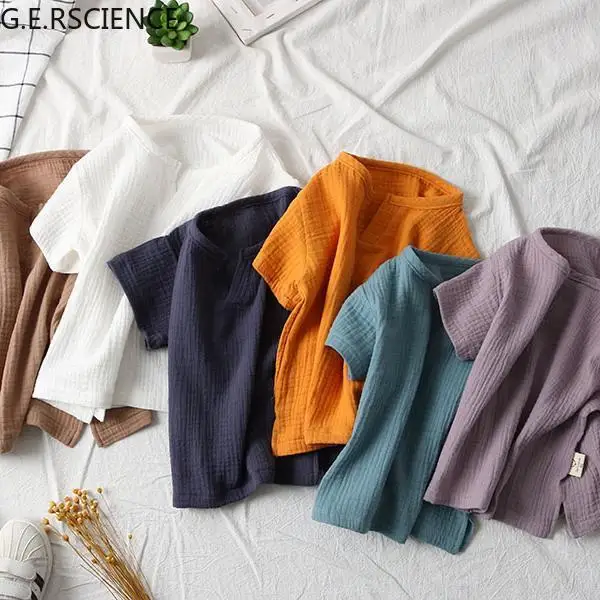 

2021Small fresh summer children's baby simple base boys and girls thin cotton and linen short-sleeved T-shirt