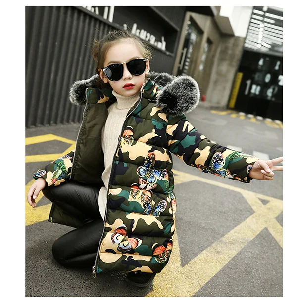Camouflage Пальто для девочек; зимняя куртка; детское пуховое хлопковое пальто; водонепроницаемый Зимний комбинезон; парка с капюшоном; стильные пуховики для девочек; Верхняя одежда для детей - Цвет: Camouflage