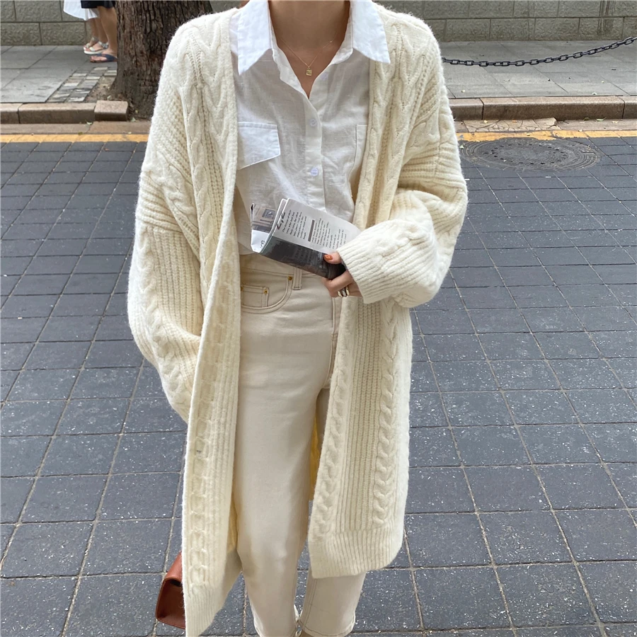 

Qooth Thickness Autumn Elegant Long Cardigan Women Full Sleeve White Black Sweater Office Winter Women Clothes Coats QT274