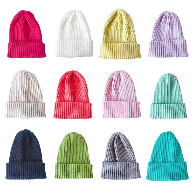 

Toddler Boys Girls Cute Caps Autumn Winter Warm Kids Baby Solid Print Hats Wool Hemming Caps