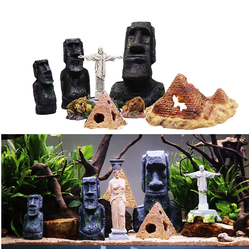 

Aquarium Accessories Ornaments Reptile Decoration Easter Island Stone Statues Resin Landscaping Crafts Antique Roman Portraits