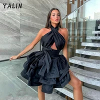 yalin halter short black satin prom dresses mini length open back formal party gowns sexy tiered a line vestidos de fiesta