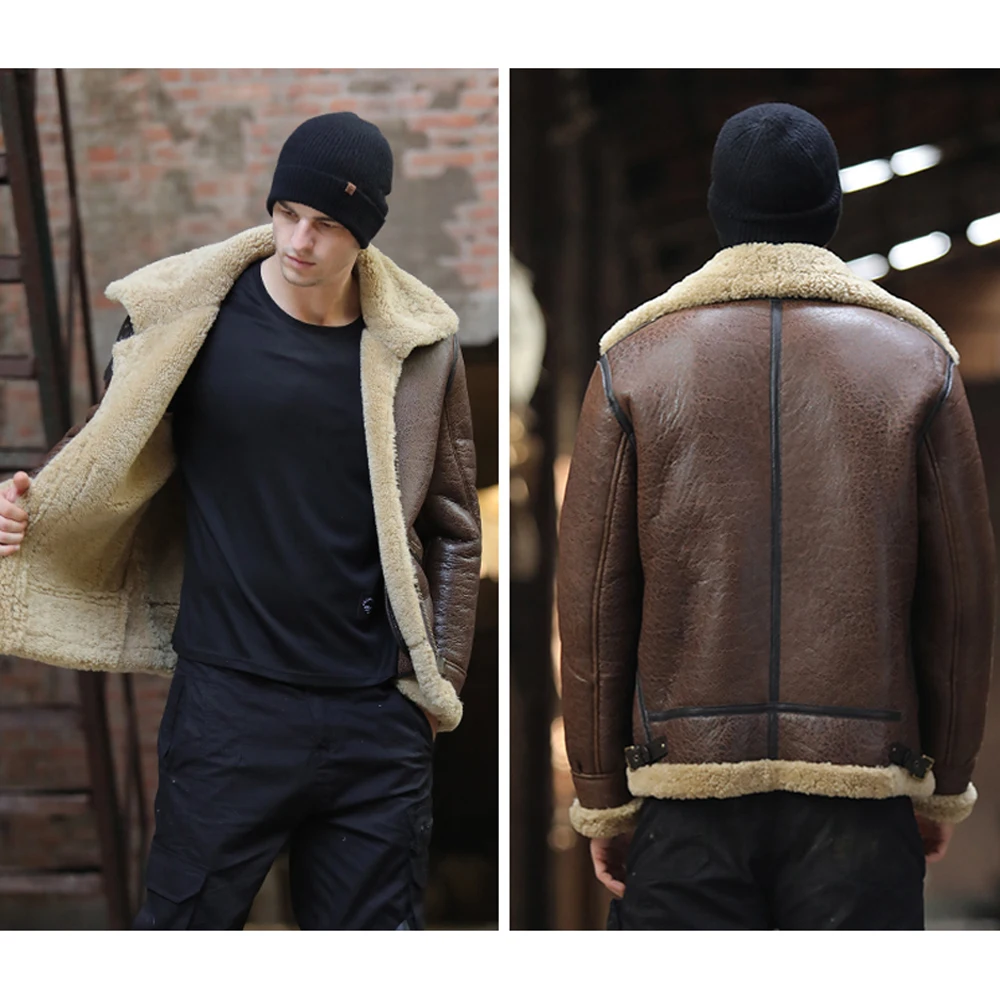 Зимняя Теплая мужская куртка из натуральной овчины модная кожи коричневая