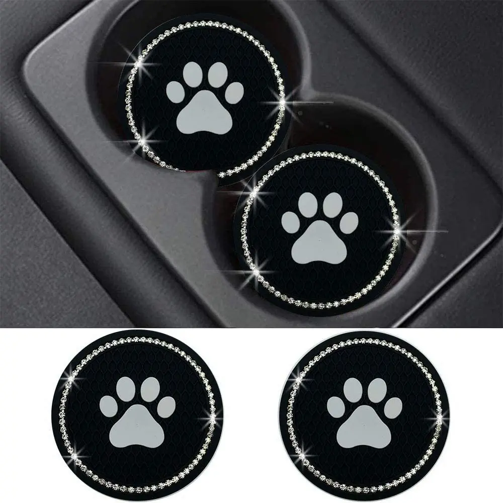 

2pcs/pack Vehicle Bling Car Coasters Cup Holder Silicone Anti Slip Dog Paw Coaster Mat Auto Accessories Universal 7cm Black Pink
