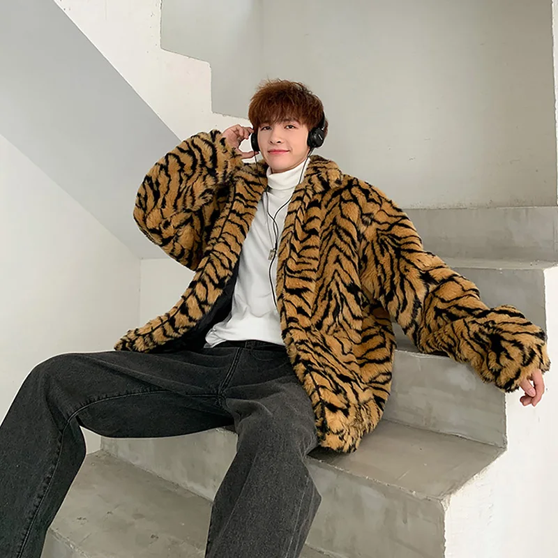 Мужская пушистая флисовая куртка с тигровым рисунком джемпер большого размера