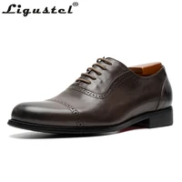 ligustel men dress shoes cow leather handmade waxed retro business offical shoes men flat oxford shoes casual pointed toe coffee