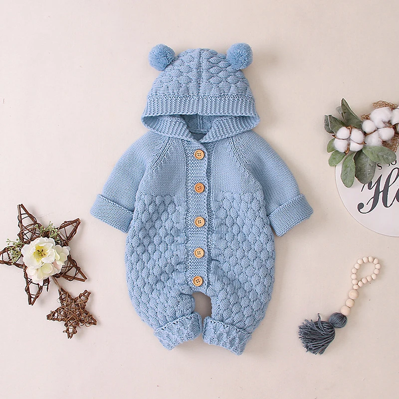 

2021 New Autumn Children Overalls For Baby Hooded Knitted Jumpsuit Newborn Baby Boys Girl Rompers For Baby Winter Infant Clothes