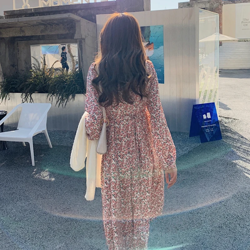 

2021 Vintage Chiffon Dress Spring Summer Korean Long Sleeve Long Floral Dresses Women Sweet Plus Size Dresses vestidos