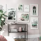 Зеленая винтажная Картина на холсте с изображением павлина и искусственных листьев на холсте, скандинавский плакат, декоративная картина для гостиной