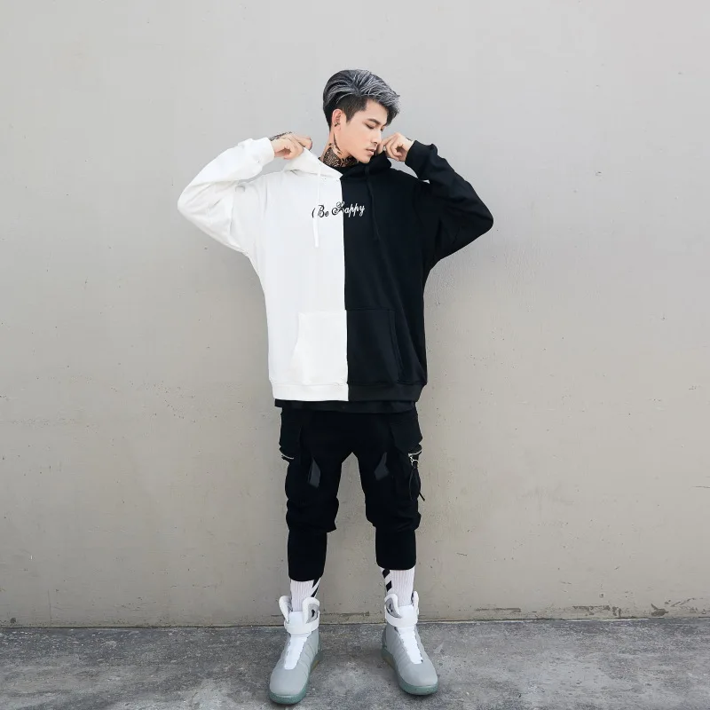 Spring Autumn Male Graffiti Smiling Face Black and White Patchwork Hoodie Men Women Hip-hop Loose Couple Coat Tide | Мужская одежда