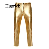 motorcycle pu leather pants men brand skinny shiny gold coated metallic pants trousers nightclub stage perform pants for singers