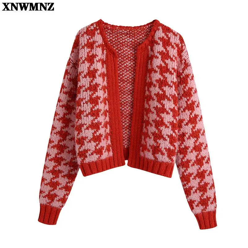 

XNWMNZ Women 2021 Fashion houndstooth open knit cardigan Sweater Vintage round collar Long Sleeve Female Outerwear Chic Tops