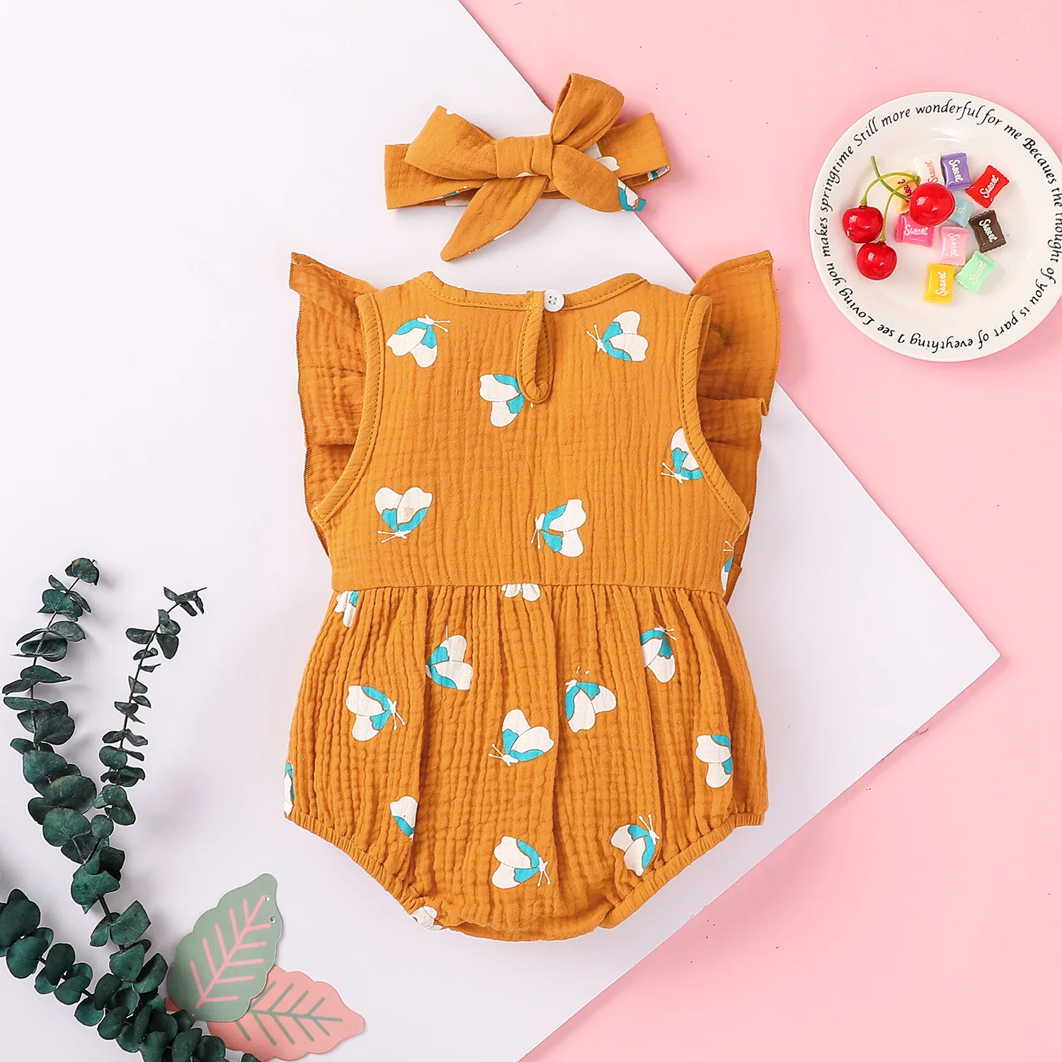 

Summer Baby Girl's 2pc Suit Butterfly Print Flying Sleeve Round Neck Romper Headwear 0-24M