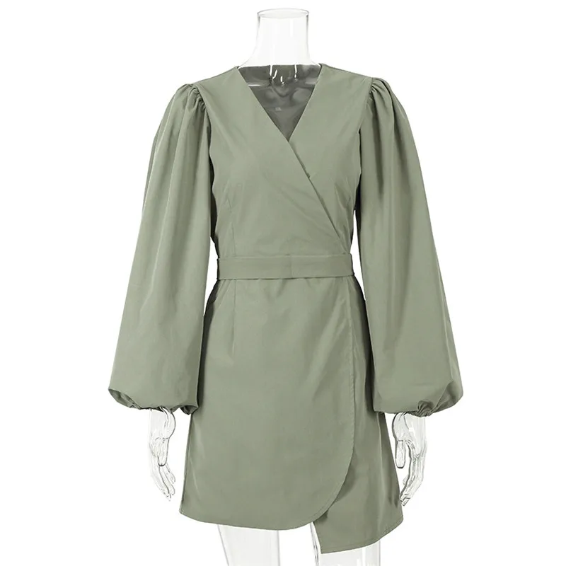 

Green Dress Women 2021 New Elegant V-neck High Waist Lantern Sleeves Office Ladies French Style Short Dresses Female LR1220