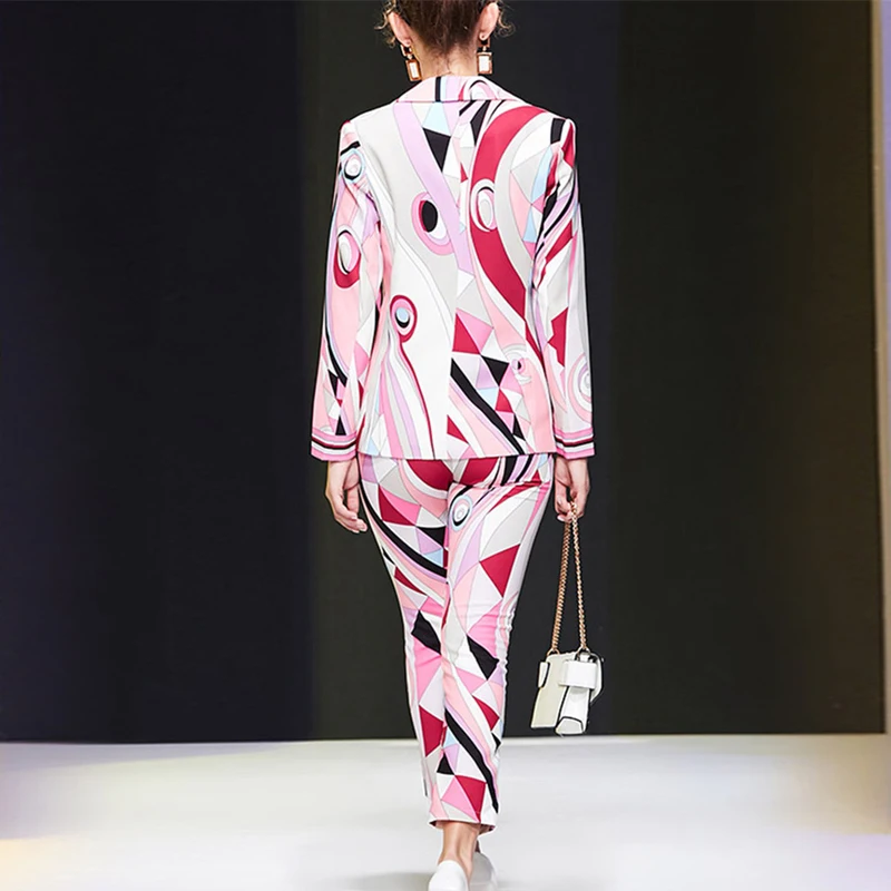 Elegant Celebrity Party Two Piece Outfits Women Spring Runway Fashion Geometirc Print Blazer and Pants Suit Office Matching Set