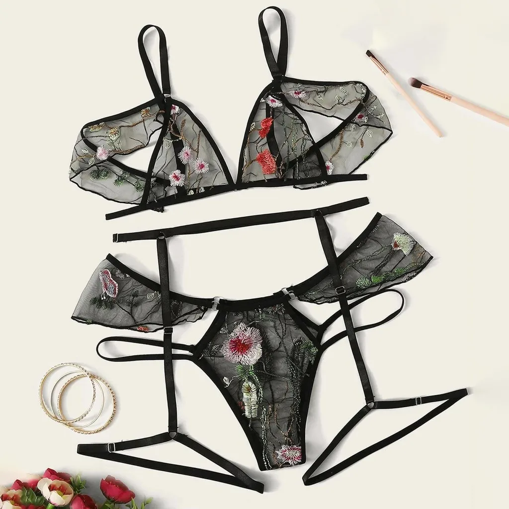Комплект из 3 предметов сексуальный бюстгальтер с вышивкой и трусики женские