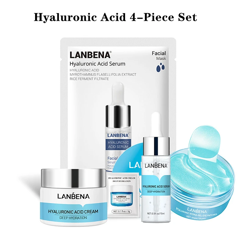 

LANBENA Hyaluronic Acid Skin CareSet OfMoisturizingFacialMaskEyeMaskFacialEssenceFacialCreamTo Shrink Pores 4Pcs