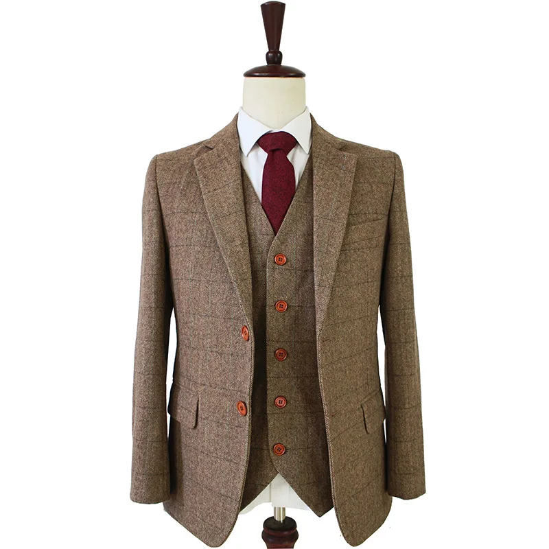 

tailor made slim fit suits for men retro wool Brown Herringbone Tweed wedding dress custom mens 3 piece suit Blazers