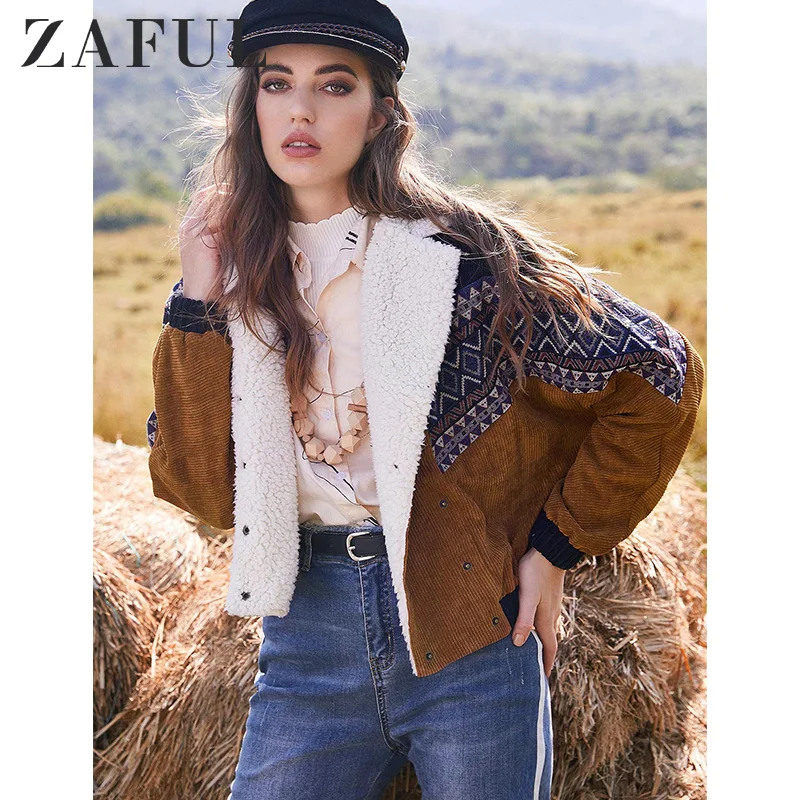 

ZAFUL Jacket Tribal Print Coats Women Autumn Spring Vintage Outwear Tunic Double Breasted Faux Fur Corduroy Jackets Overcoat