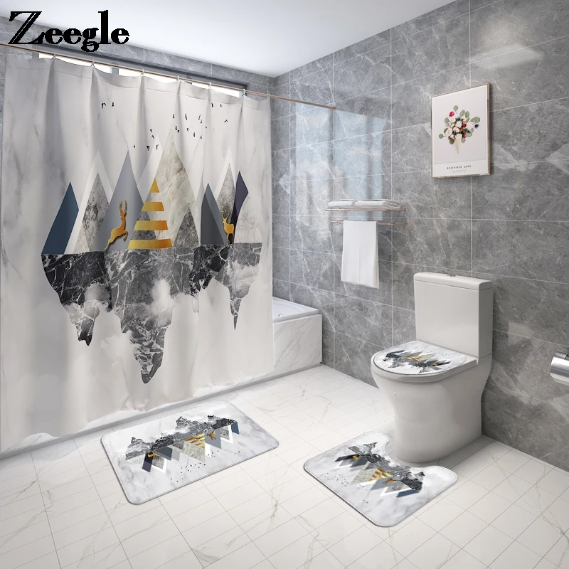 

Zeegle Polyester Waterproof Shower Curtain and Bath Mat Set Absorbent Toilet Mat Anti-slip Floor Pad Bathroom Carpet Rug