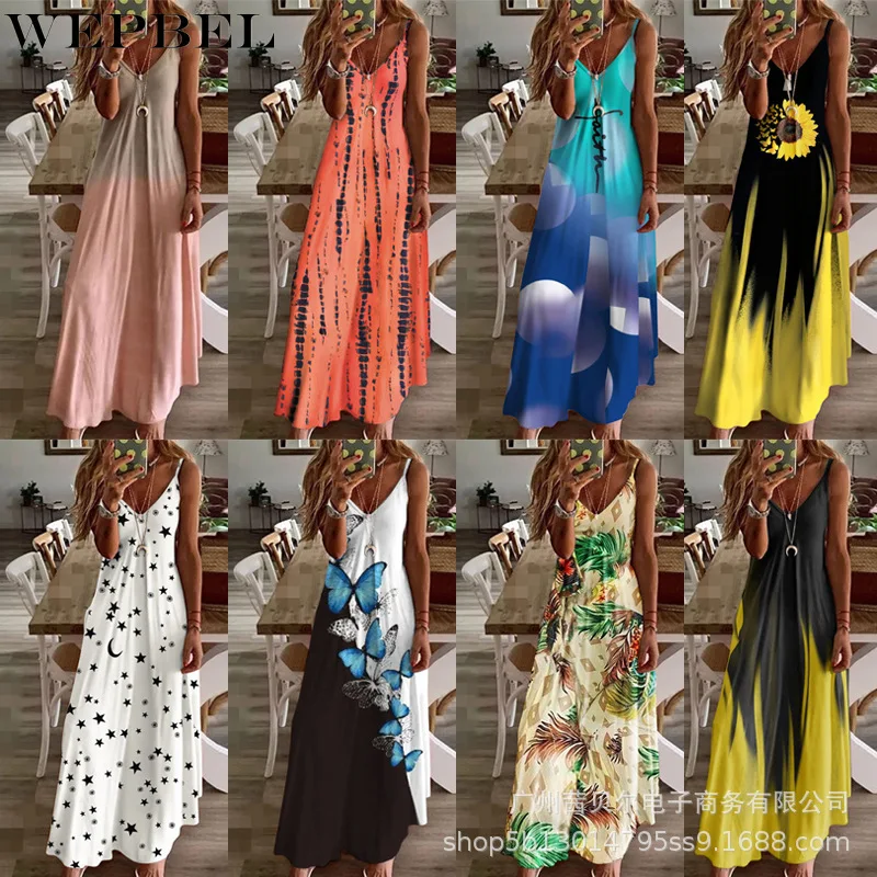 

WEPBEL Women Summer Strap Dress Ladies Casual Fashion Elegant Sleeveless V Neck Print Loose Long Dress