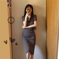 polo collar knitted dresses women 2021 summer new fashion waist aesthetic slimming temperament houndstooth long bodycon dress