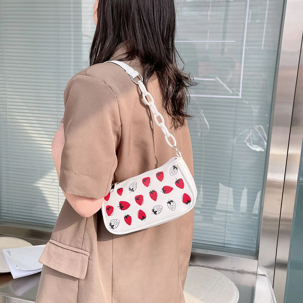 

Summer Strawberry Cat Print Shoulder Bag For Women 2021 Soft Pu Leather Underarm Bag Acrylic Chain Handbag Female Purses