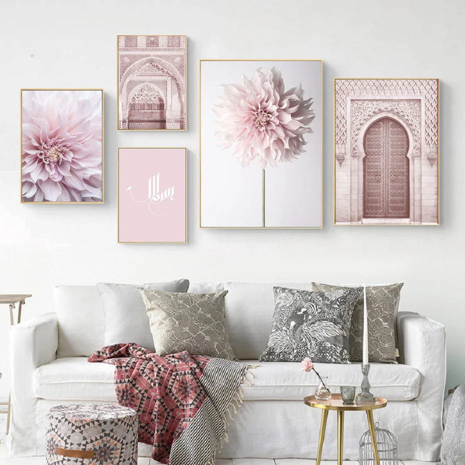 

Nordic Modern Pink Blooming Lotus Islamic Mosque Architecture Canvas Painting Posters and Prints Bedroom Living Room Home Decora