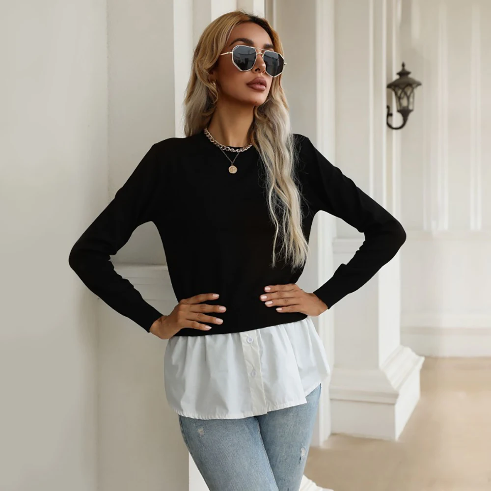 

Women's Sweater Autumn Fashion Slim Stitching Shirt Fake Two Knitted Sweaters Vintage Pullovers Female Top Jumper Blouse 2021