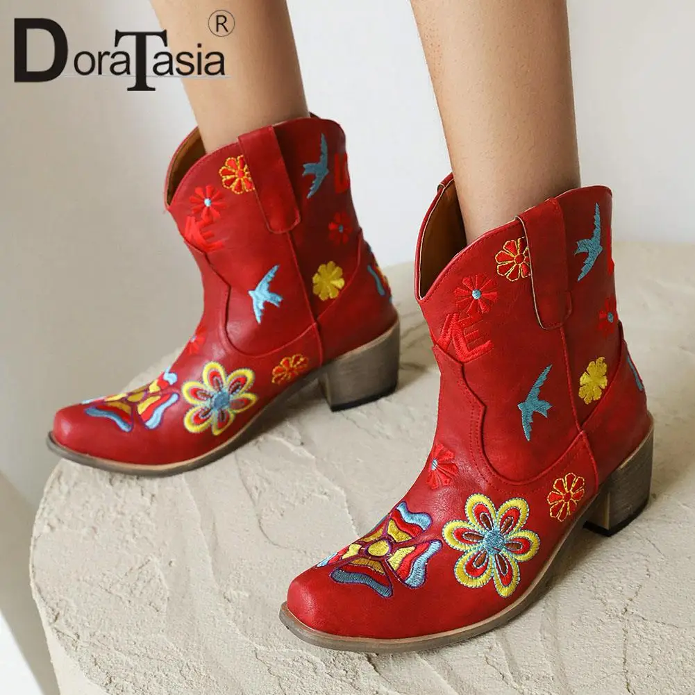 

DORATASIA New Ladies Chunky Heels Western Boots Fashion Embroider Flower Retro Ankle Boots Women Casual Party Shoes Woman